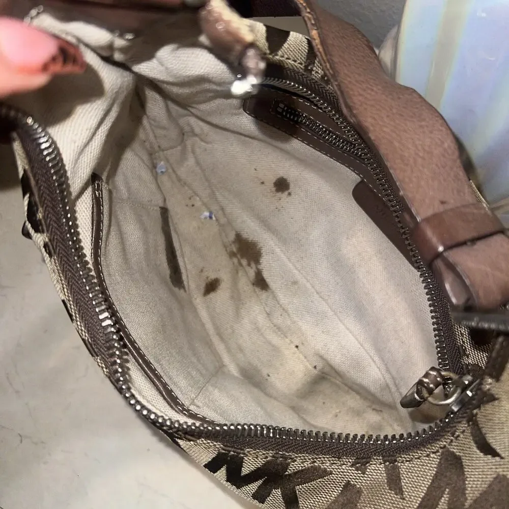 Michael Kors Vintage Khaki Signature Jacquard Hobo Cognac Leather Shoulder Bag
